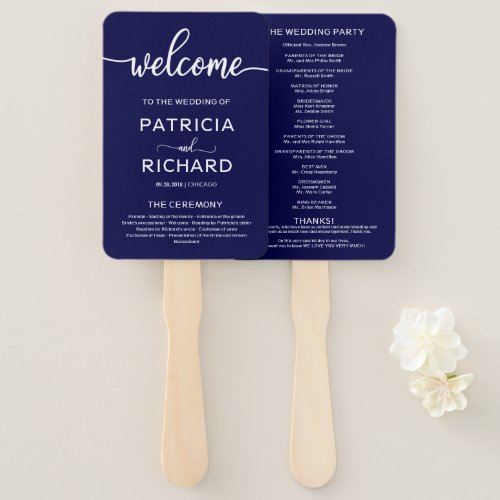 Wedding Ceremony Order of Service Chic Navy Blue Hand Fan