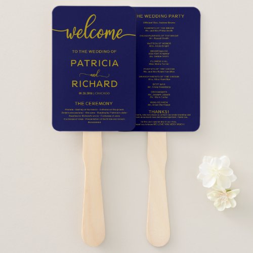 Wedding Ceremony Order of Service Gold Navy Blue Hand Fan