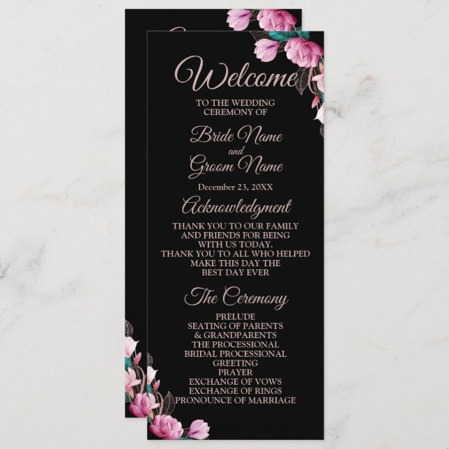 Wedding Ceremony Pink Floral Black Modern Program (Front/Back)