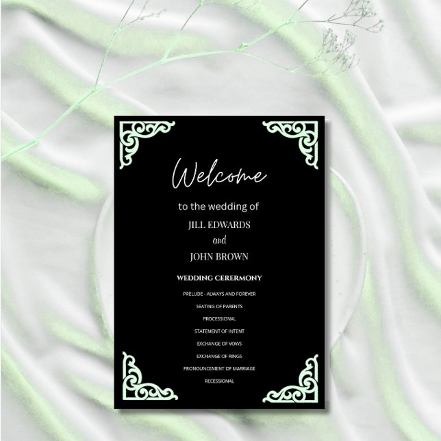  Wedding Ceremony Program Black Mint Green Corner  (Creator Uploaded)