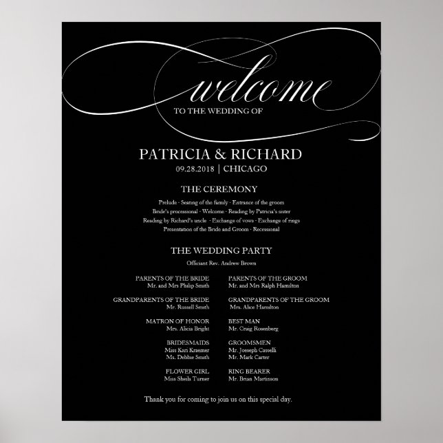 Wedding Ceremony Program Board Black And White Poster (Front)