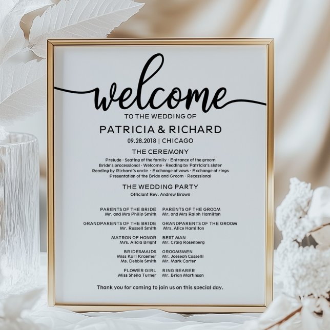 Wedding Ceremony Program Board Simple Calligraphy Faux Canvas Print (Creator Uploaded)