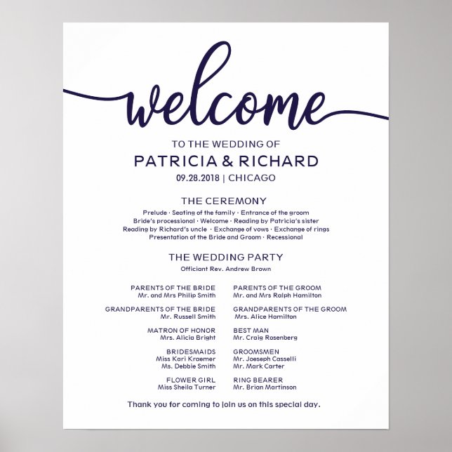 Wedding Ceremony Program Chic Navy Blue Poster (Front)