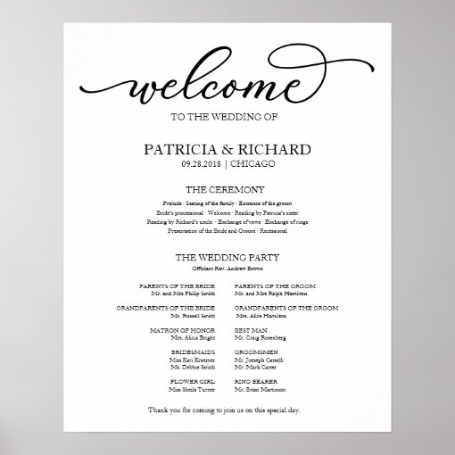 Wedding Ceremony Program Chic Script Poster | Zazzle