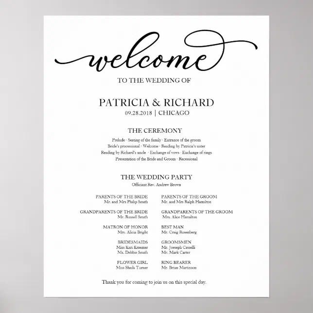 Wedding Ceremony Program Chic Script Poster | Zazzle