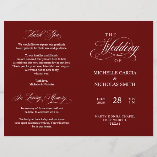 Wedding Ceremony Program Classic Elegance Burgundy