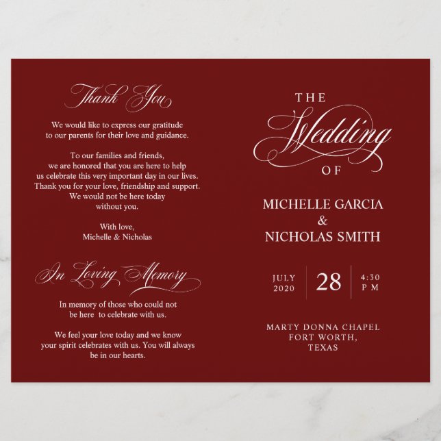 Wedding Ceremony Program Classic Elegance Burgundy (Front)