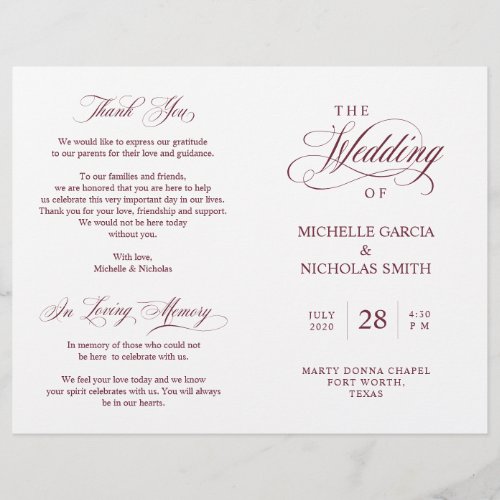 Wedding Ceremony Program Classic Elegance Burgundy