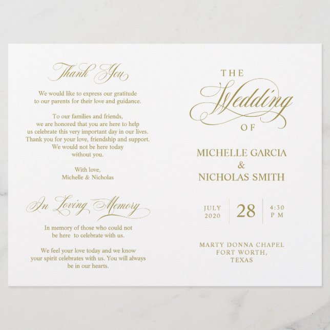 Wedding Ceremony Program Classic Elegance Gold (Front)