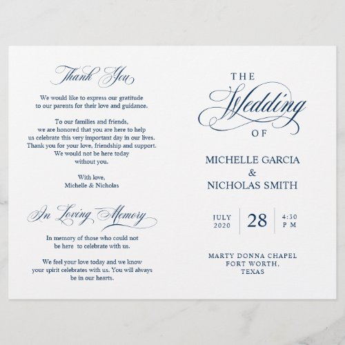 Wedding Ceremony Program Classic Elegance Navy