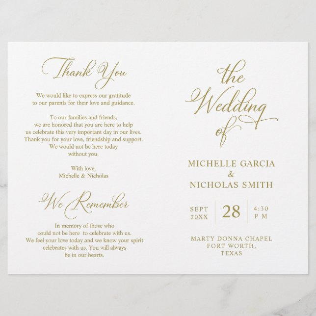 Wedding Ceremony Program Classy Elegant Gold (Front)