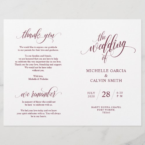 Wedding Ceremony Program Elegance Script Burgundy