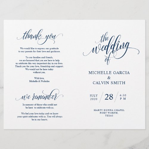 Wedding Ceremony Program Elegance Script Navy Blue