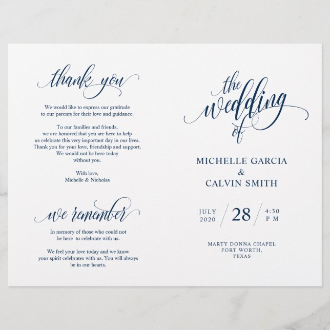 Wedding Ceremony Program Elegance Script Navy Blue (Front)
