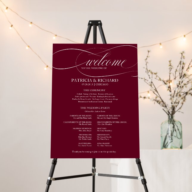 Wedding Ceremony Program Elegant Burgundy Marsala Foam Board (In Situ (Stand))