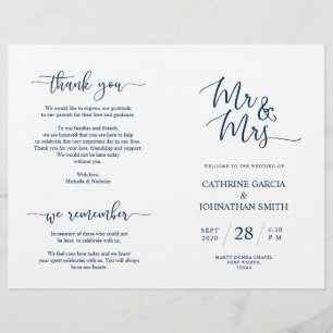 Wedding Ceremony Program, Elegant Script Blue Navy