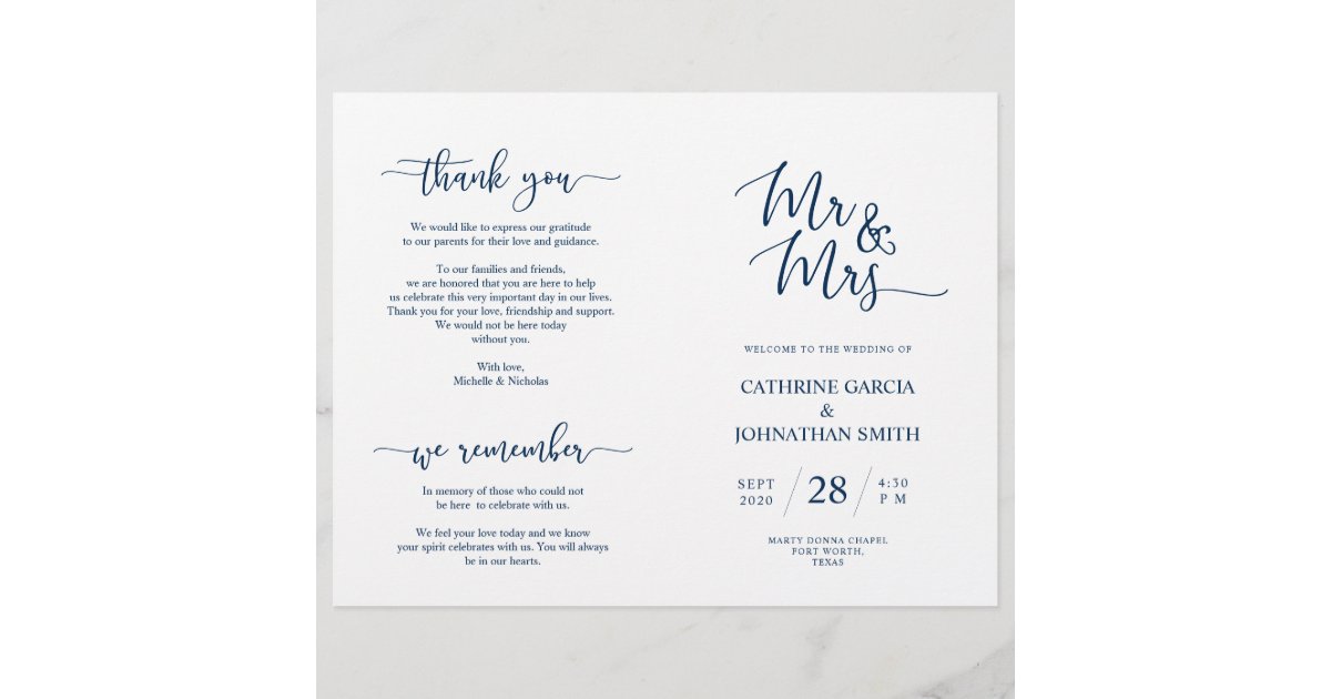 Wedding Ceremony Program, Elegant Script Blue Navy | Zazzle