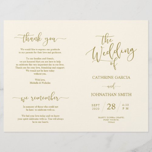 Wedding Ceremony Program Elegant Script Gold