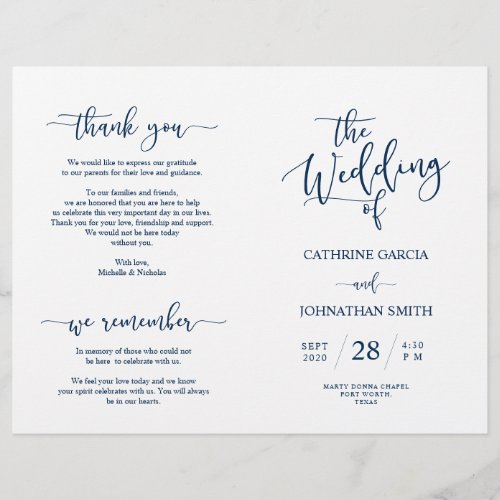 Wedding Ceremony Program Elegant Script Navy Blue