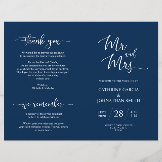 Wedding Ceremony Program, Elegant Script Navy Blue (Front)