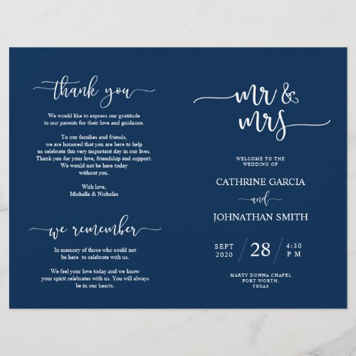 Wedding Ceremony Program Elegant Script Navy Blue