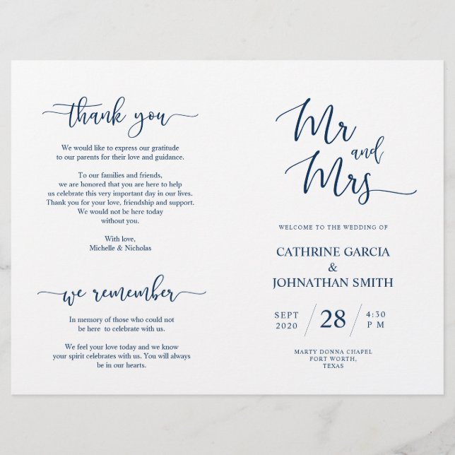 Wedding Ceremony Program, Elegant Script Navy Blue (Front)