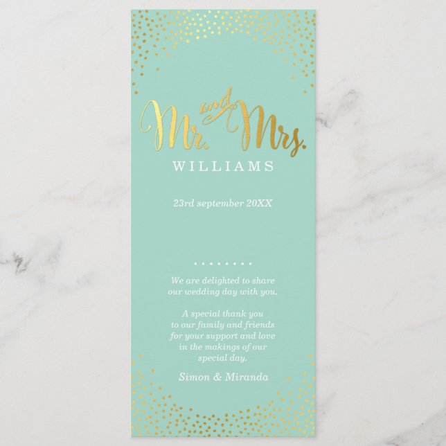 WEDDING CEREMONY PROGRAM mini gold confetti mint (Front)