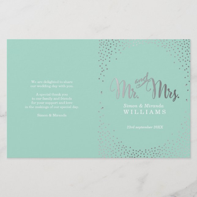 WEDDING CEREMONY PROGRAM mini silver confetti mint (Front)