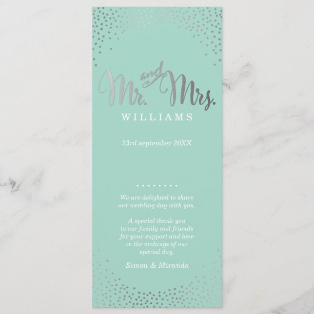 WEDDING CEREMONY PROGRAM mini silver confetti mint (Front)