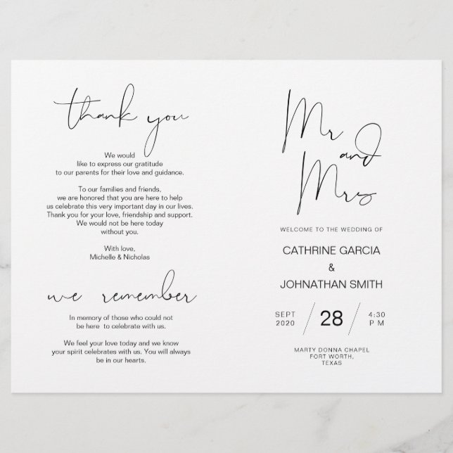 Wedding Ceremony Program, Modern Minimalist Black (Front)
