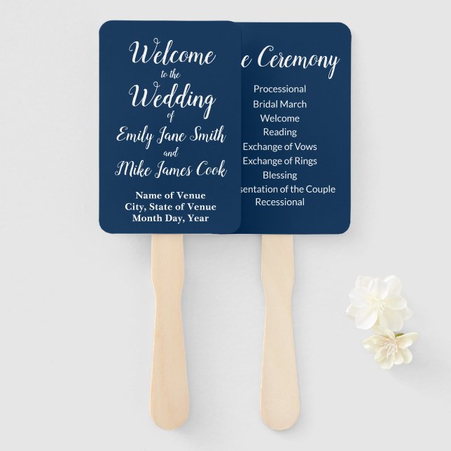 Wedding Ceremony Program Navy and White Rustic Hand Fan (Front and Back)