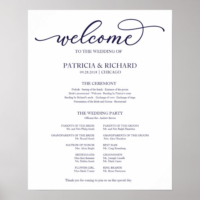 Wedding Ceremony Program Navy Blue Script Sign (Front)