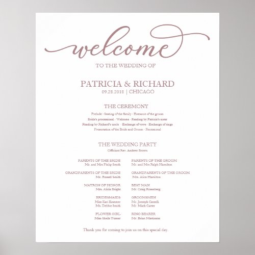 Wedding Ceremony Program Rose Gold Script Sign