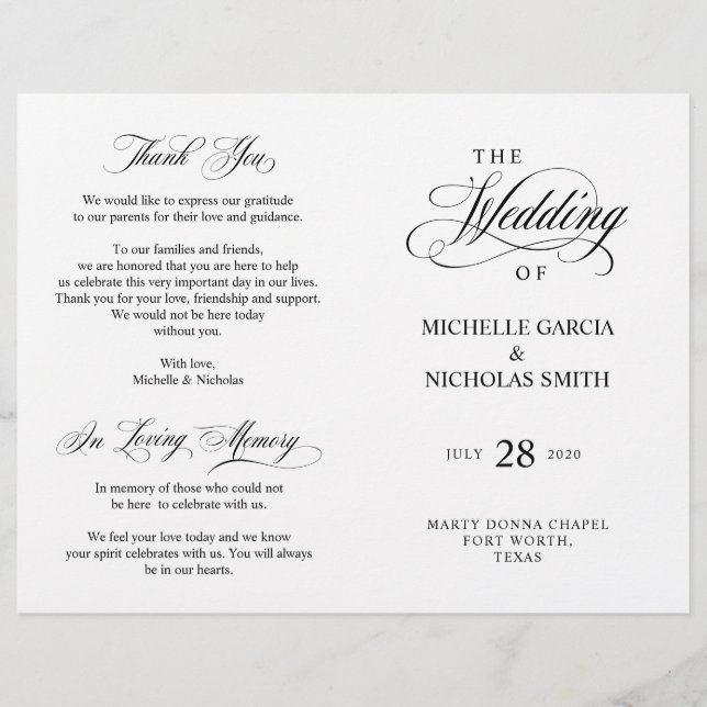 Wedding Ceremony Programs, Classic Elegance Black (Front)