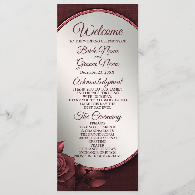 Wedding Ceremony Red Pink Roses Flowers Frame Program (Front)