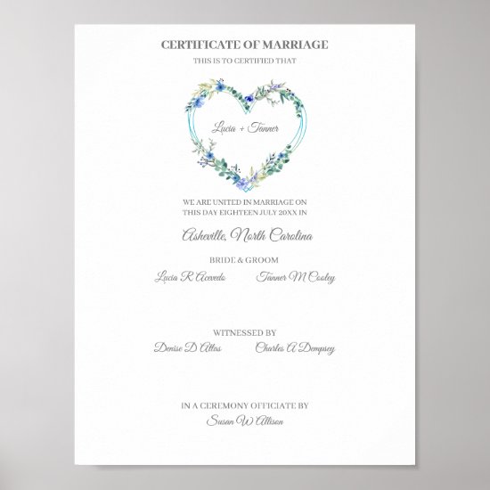 Wedding Certificate Blue Floral Heart Poster
