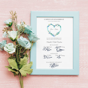 Wedding Certificate Blue Floral Heart Poster