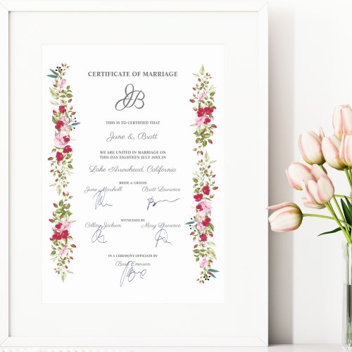 Wedding Certificate Floral Pink  Red Garland Poster