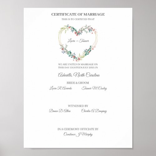 Wedding Certificate Pink Floral Heart Poster