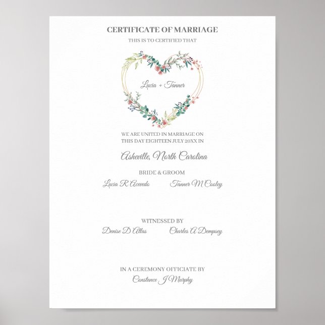 Wedding Certificate Pink Floral Heart Poster (Front)