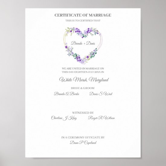 Wedding Certificate Purple Watercolor Floral Heart Poster