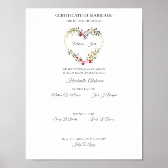 Wedding Certificate Red & Pink Floral Heart Poster