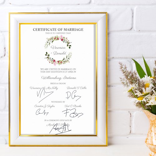 Wedding Certificate Red  Pink Floral Wreath Poster