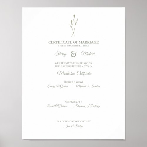 Wedding Certificate Simple Sage Floral Wildflowers Poster