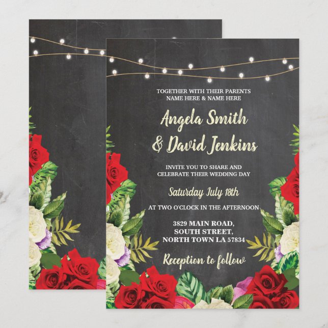 Wedding Chalk Lights Red Roses Elegant Invite (Front/Back)