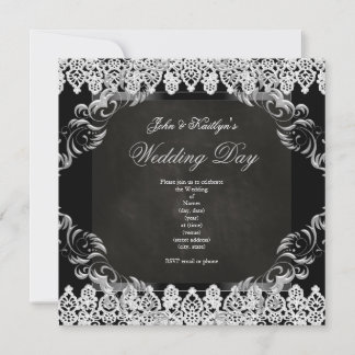 Wedding Chalkboard Black Vintage Lace Silver 2 Invitation