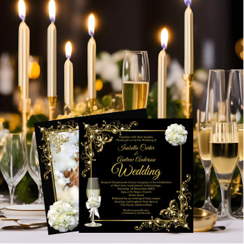 Wedding Champagne Black Gold Pearl Photo Invitation by Champagne_N_Cupcakes at Zazzle
