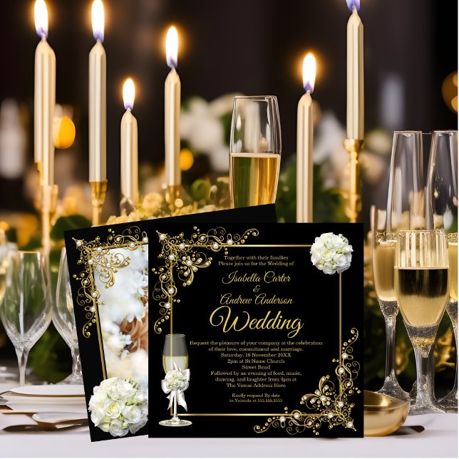 Wedding Champagne Black Gold Pearl Photo Invitation