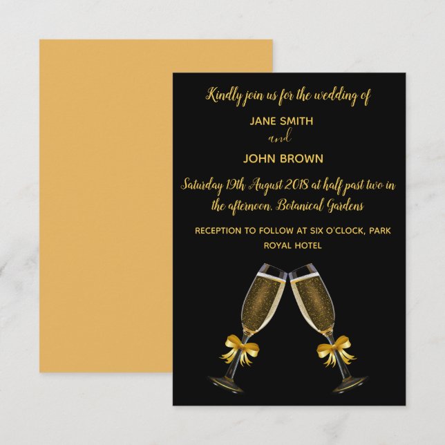Wedding champagne glasses black and gold invitation (Front/Back)