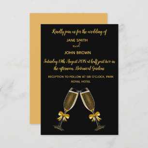 Wedding champagne glasses black and gold invitation
